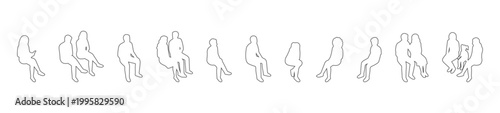 Side View Sitting People Outline Set, Diverse Seated Line Art Characters Collection for Architectural Elevation, Public Seating and Interior Layout Vector Design