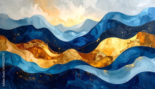 Abstract wavy blue gold landscape painting.