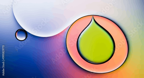 Abstract macro photograph of oil and water creating colorful patterns and shapes, reminiscent of a droplet