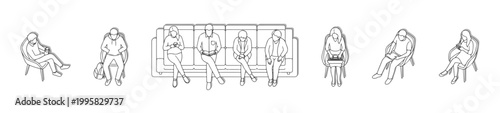 Top View Sitting People on Chairs and Sofa White Fill Set, Overhead Seated Characters in Waiting Area with Clean Solid Shapes and Shadows, Public Space Seating Vector for Architecture Plans