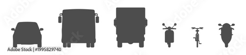 Vehicle Silhouette Vector Set, Solid Black Front View Transportation Shapes for Urban Traffic Analysis, Architectural Site Mapping, and Minimalist Graphic Stencil Design
