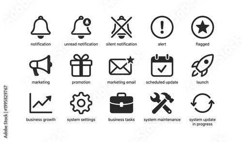 Notification and business icons showing alerts and system functions