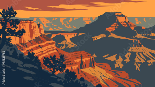 Grand canyon sunset landscape vector illustration with landscape, mountains