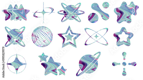 Holographic liquid chrome Y2K shapes and stars collection isolated on transparent background. Vector iridescent celestial ornaments, neon aura stars and orbits for modern branding and aesthetic design