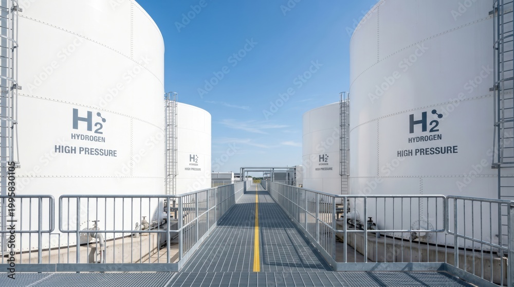 Fototapeta premium Eye-level perspective of a modern and clean green hydrogen energy plant
