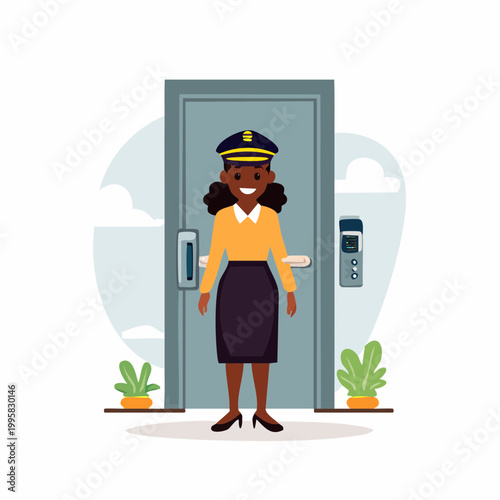 Cartoon illustration of a smiling black woman in a security uniform standing in front of a building door
