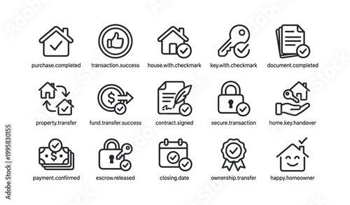 Real estate transaction and closing icons arranged on white background