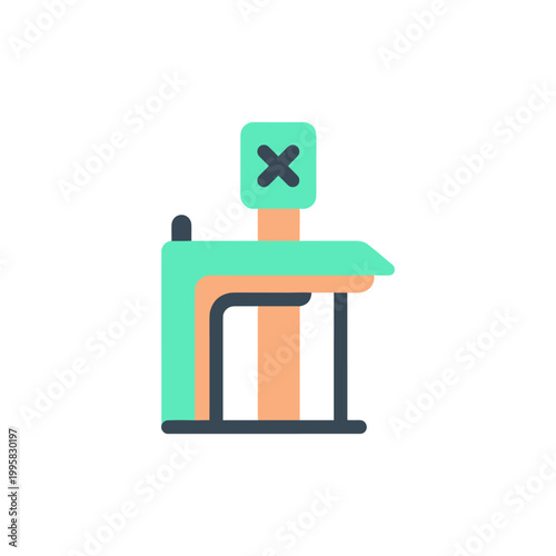 Modern minimalist podium with sleek design green base white stand and an x symbol on top for presentations or speeches