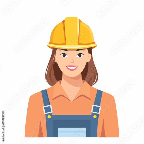 Smiling female construction worker wearing a yellow safety helmet and work overalls