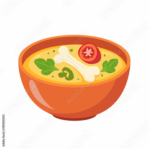 Delicious hearty bone broth soup served in a brown bowl with fresh vegetables and bone