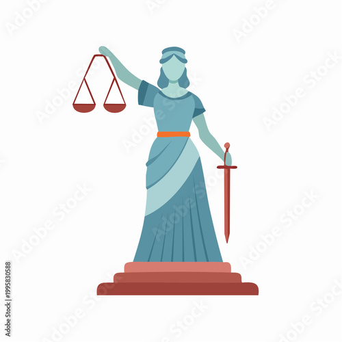 Illustration of Lady Justice statue holding scales and sword in flat design style