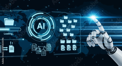 Robotic hand interacting with an advanced AI interface, illustrating global data processing, secure network management, and future technology innovation in intelligent systems