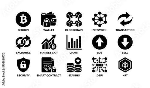 Cryptocurrency icons arranged in grid on white background