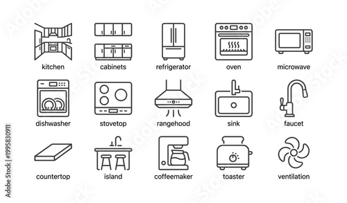 Kitchen appliance icons showing fixtures and appliances on white
