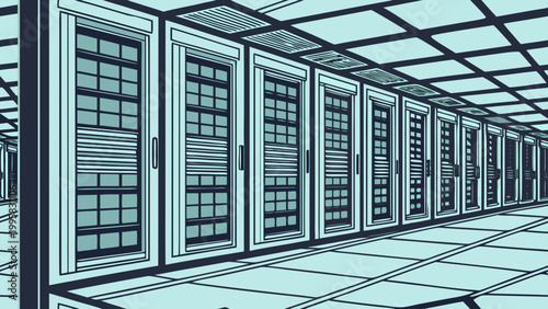 Futuristic data center with glowing server racks in foggy industrial space at night