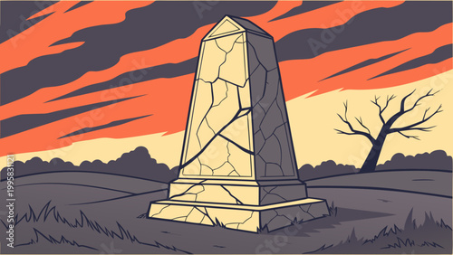 Broken monument fragments glowing with vector patterns in a sunset landscape at dusk