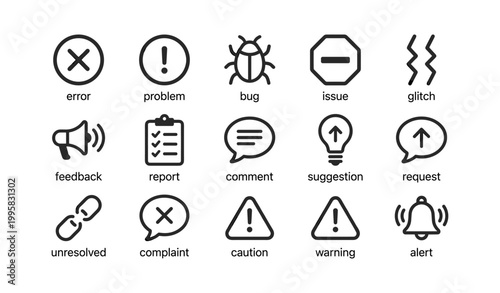 Issue and feedback icons displayed in grid on white background