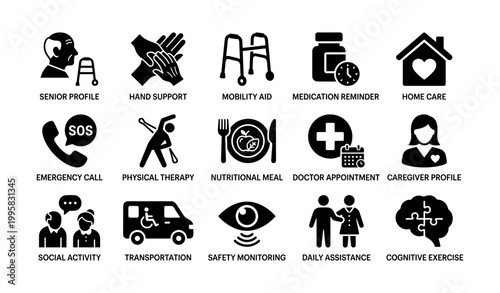 Senior care and support icons for health services and assistance