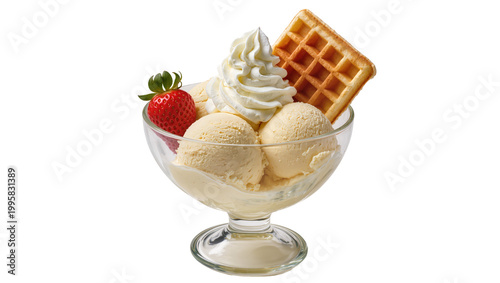 Obraz na plátne Creamy Vanilla Ice Cream Sundae with Strawberry and Waffle