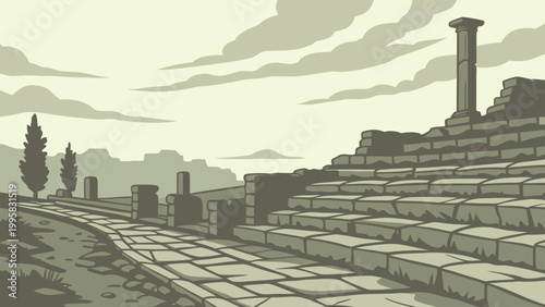 Ancient stone ruins with glowing vector patterns under an overcast sky