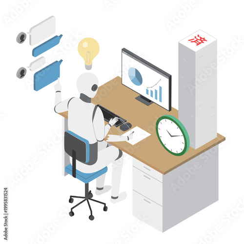仕事をするAIロボット・アイソメトリック