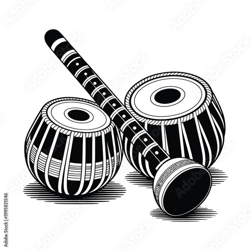 Tabla musical instrument illustration in black and white vector style