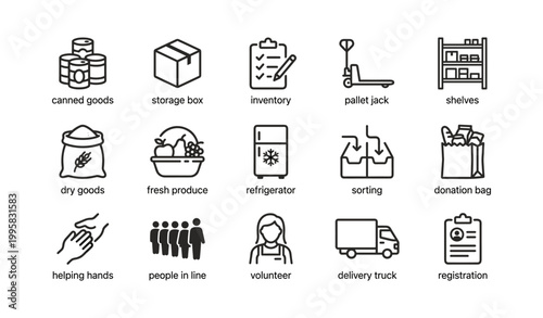 Food donation icons showing sorting and storage in grid
