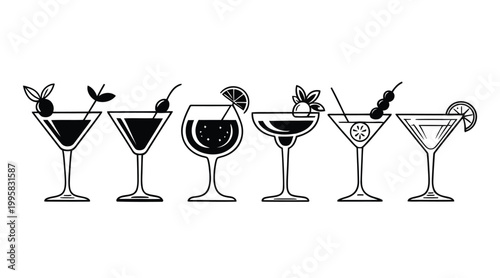 Cocktail vector illustration of six martini glasses with garnishes