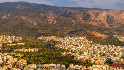 Athens cityscape in the light of the setting sun. Greece
