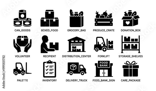 Food donation icons showing distribution and storage concepts