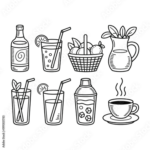 Drink bottle vector illustration set with various beverages and glasses