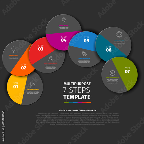 This professional infographic features 7 steps in a clean circular design. Each part of the multipurpose infographic helps visualize a workflow through seven distinct color-coded steps.