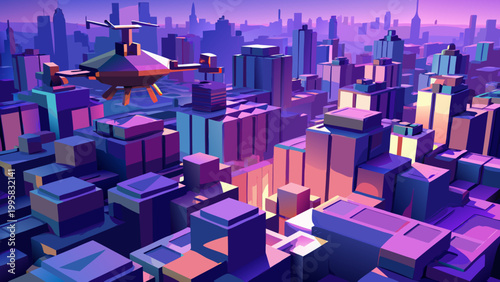 Tessellated voxel cityscape forming a geometric vector pattern under a twilight sky with volumetric light