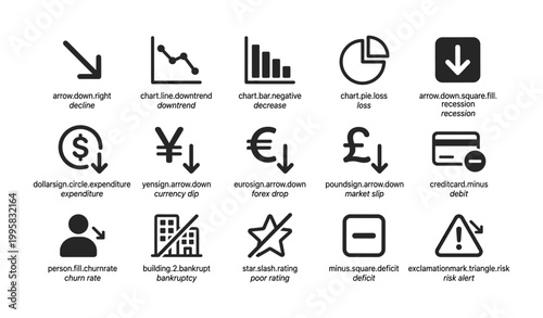 Financial decline icons arranged in grid on white background