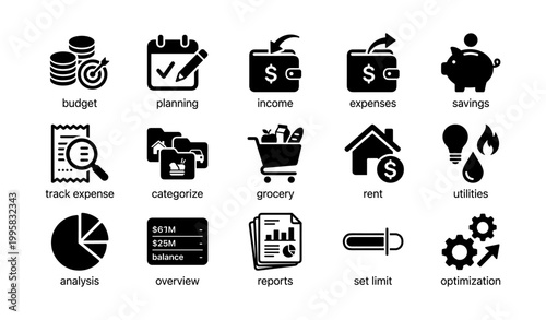 Financial budgeting icons showing income and expenses white backdrop