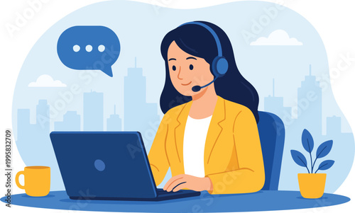 Female customer service agent with headset laptop flat vector illustration