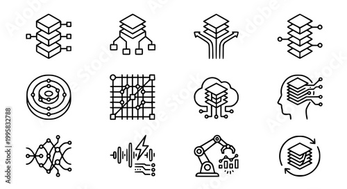 Data Stack Icon Set - Database, Big Data, Cloud Storage Line Icons