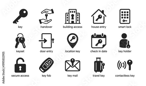 Key and access icons representing entry items on white