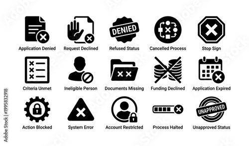 Denial and error icons showing blocked actions on white