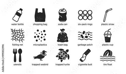 Marine debris icon set showing plastic waste symbols on white