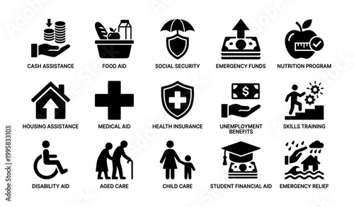 Social assistance and welfare icons arranged in grid on white