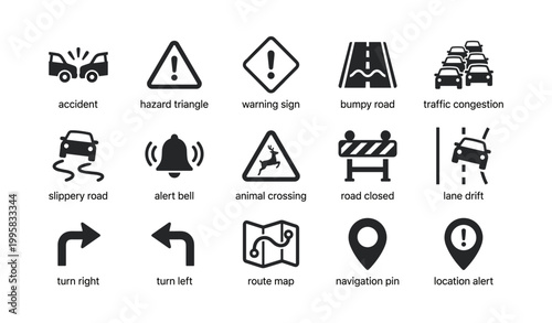 Traffic and navigation icons arranged in grid on white background