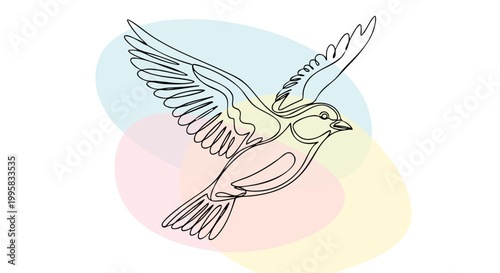Elegant one line drawing of a small bird flying gracefully with wings spread wide in the air