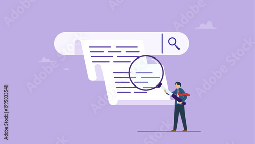 Businessman hold magnifying glass search at engine bar surfing internet, analyzing queries, keywords. Search engine answering users questions concept.