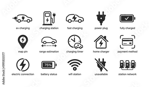 Electric vehicle charging icons arranged in grid on white background
