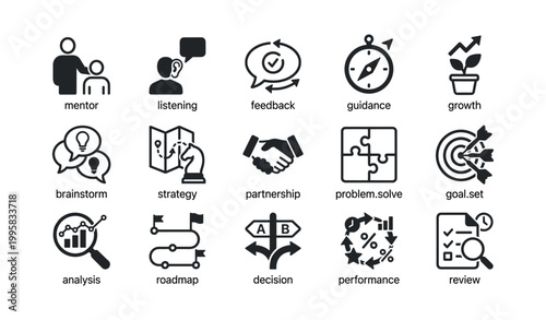 Mentoring and strategy business icons arranged in grid layout