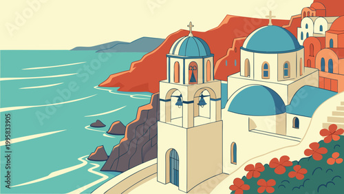 Greek island church with blue domes and sea view illustration, mediterranean