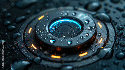 High-tech EV charging socket with blue neon ring and water droplets on brushed metallic surface.
