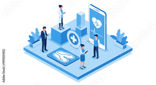 Medical professionals and developers gather around oversized digital healthcare icons including a smartphone displaying a heartbeat monitor, examining lung scans and data charts in an isometric space
