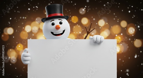 Smiling Snowman Holding Blank Sign.